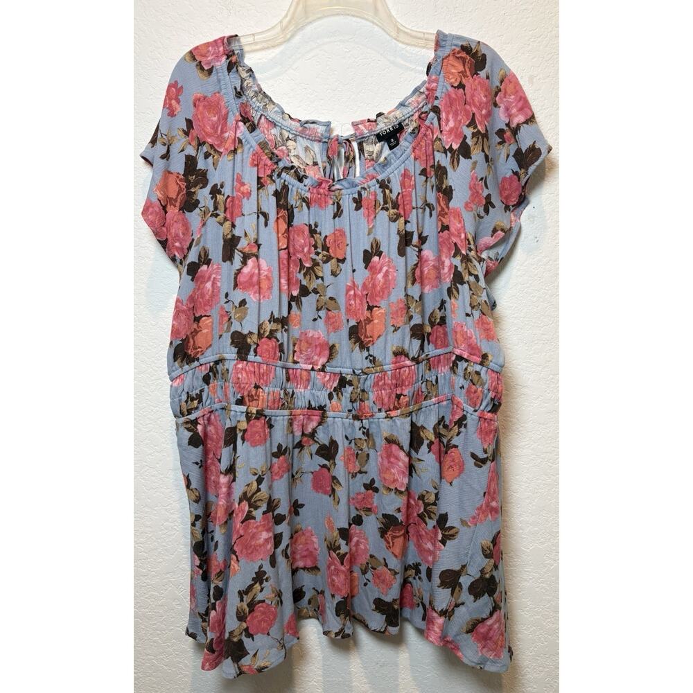 Torrid Floral Blouse Keyhole Tied Back Elastic Shoulders Size 3X